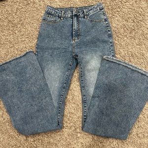 high rise raw hem flare jeans